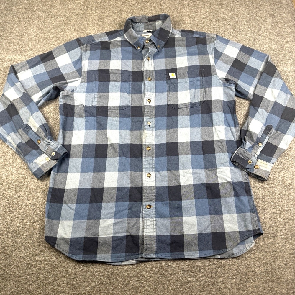 Carhartt Flannel Shirt Mens XLT Tall Blue Plaid Relaxed Fit Button Up Outdoors
